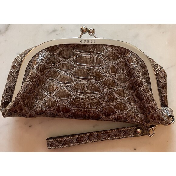 GUESS Faux Crocodile Leather Textured Wristlet Clutch Brown - Picture 1 of 10